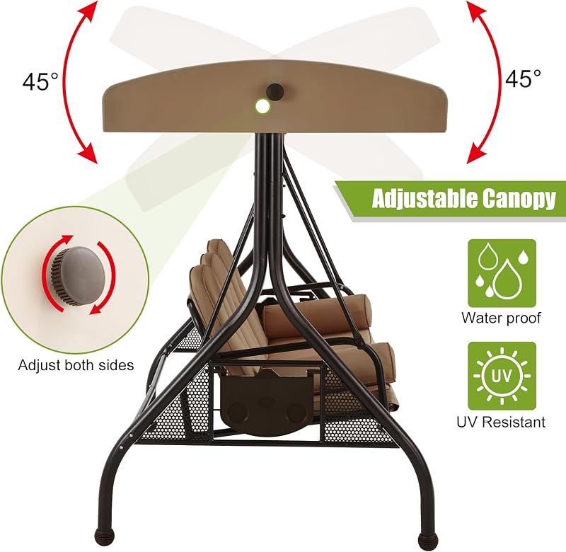 GYUTEI 3-Seat Porch Swing with Adjustable Canopy, Patio Swing with Stand image 4