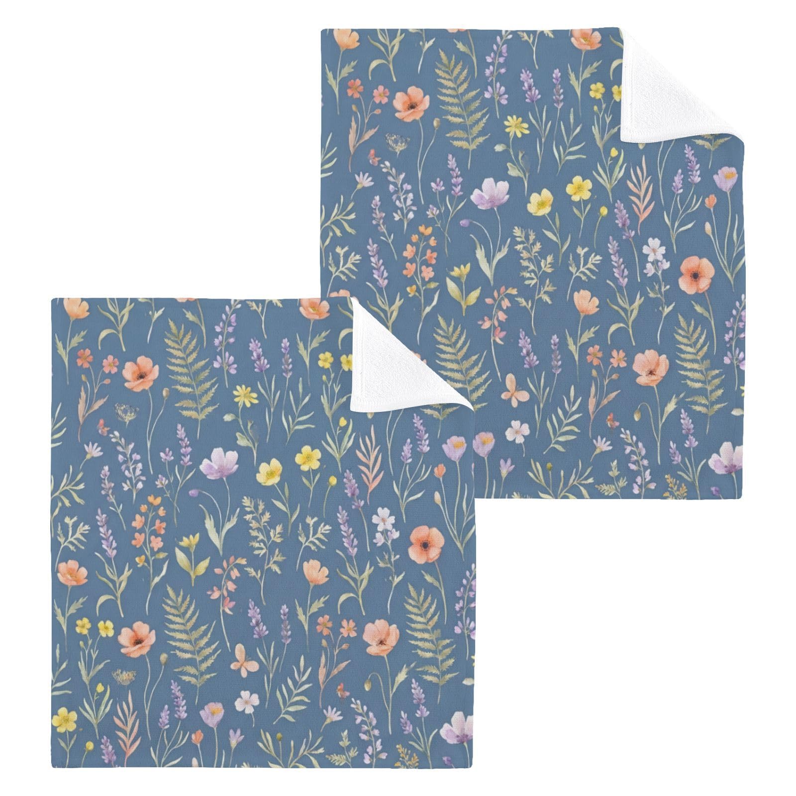 BOESI Blue Wildflower Meadow 12x12in Cotton Washcloth,Face Towel