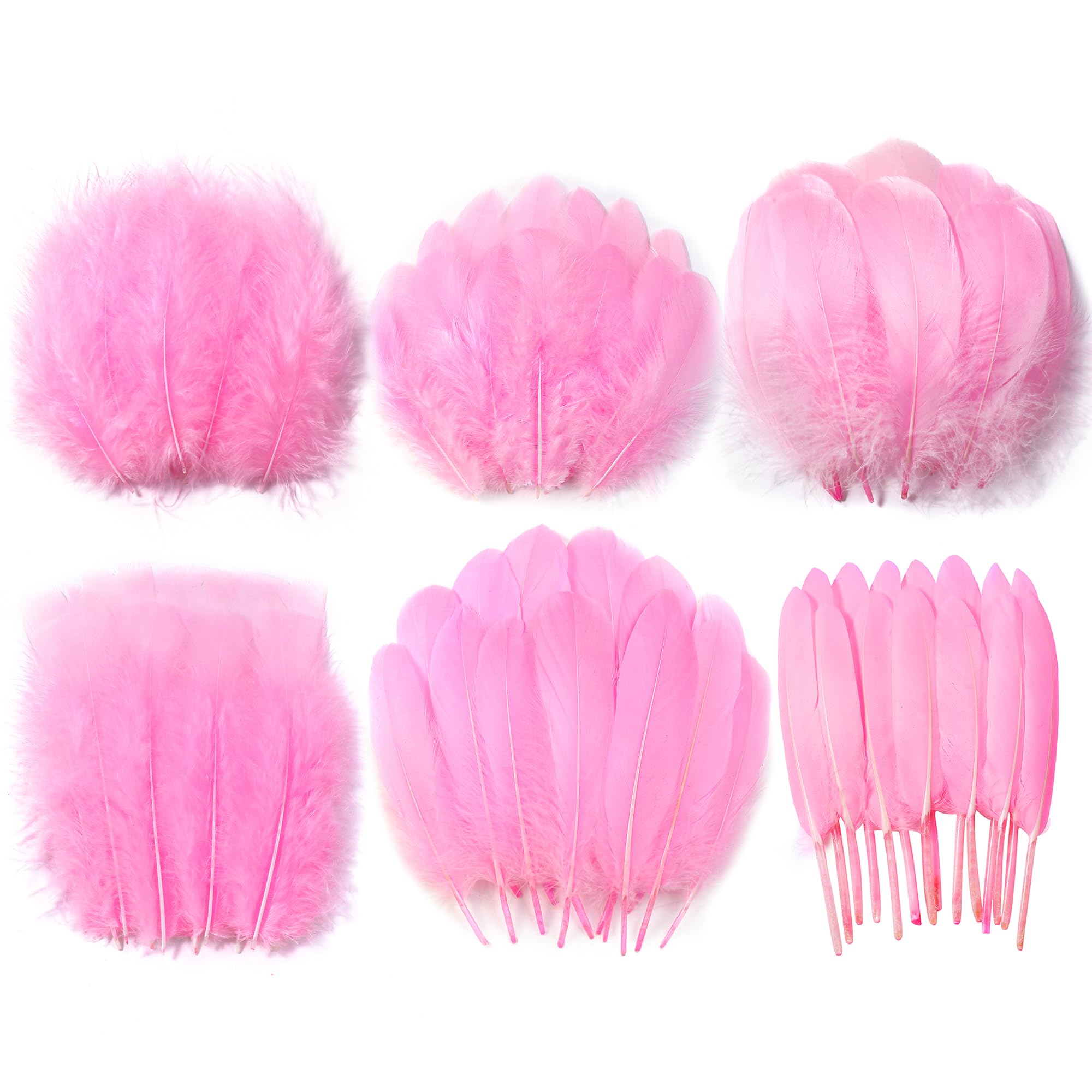 Pink Craft Feathers Bulk - 240pcs 6 Style Natural Decorative Feathers for Wedding Home Party, Dream Catcher Supplies and DIY Crafts (Pink)