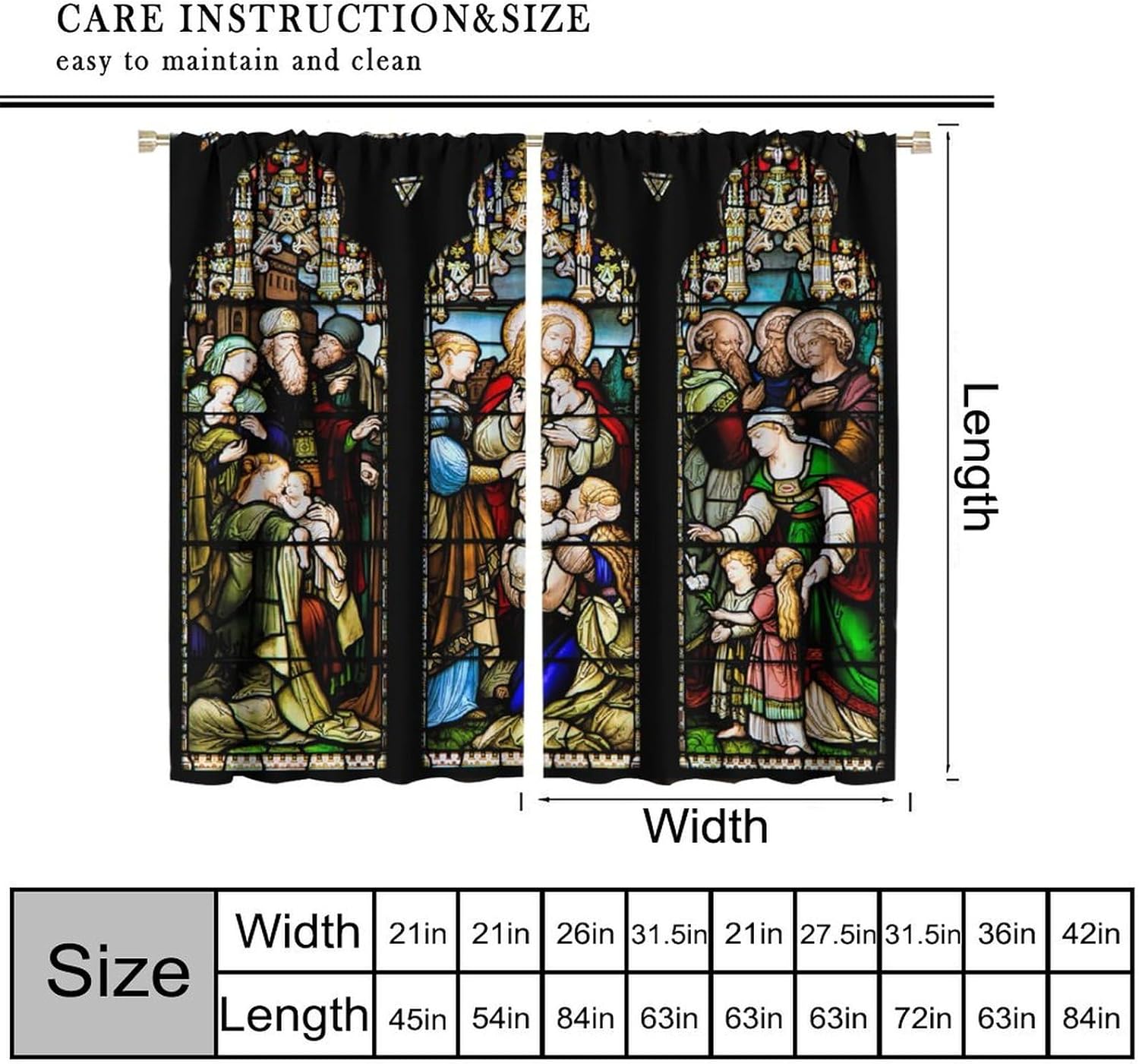 Colorful Curtains Stained Glass, Religious Mosaic Black Drapes with Jesus Multi Colored Saints Christian for Home Kitchen Restaurant Decoration Window Drapes 2Panel 42" W X 45" L