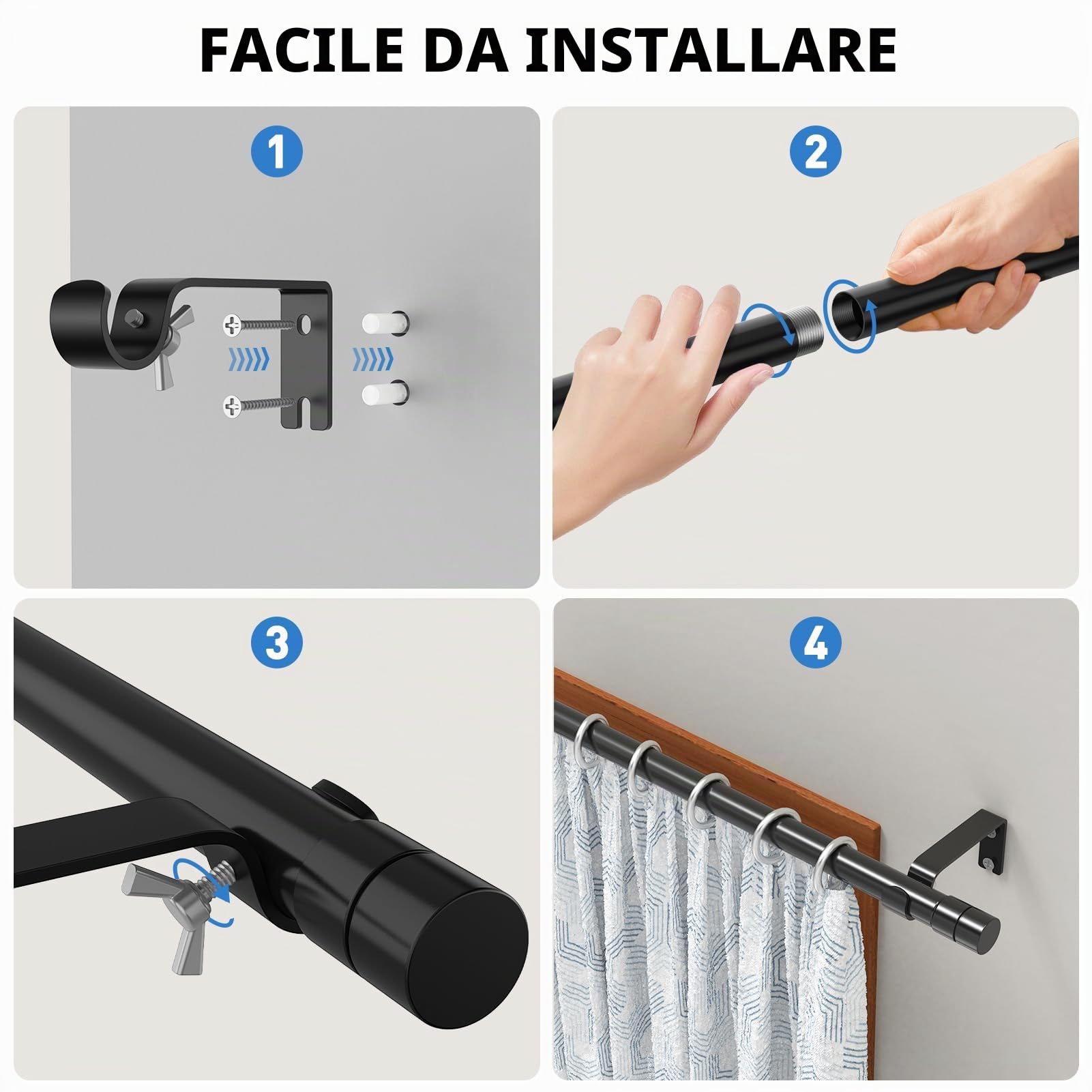 WELDUN Bastoni per tende per finestre, in metallo, estensibili, da 81 a 361 cm, resistenti per tende con occhielli, diametro di 20 mm, colore nero