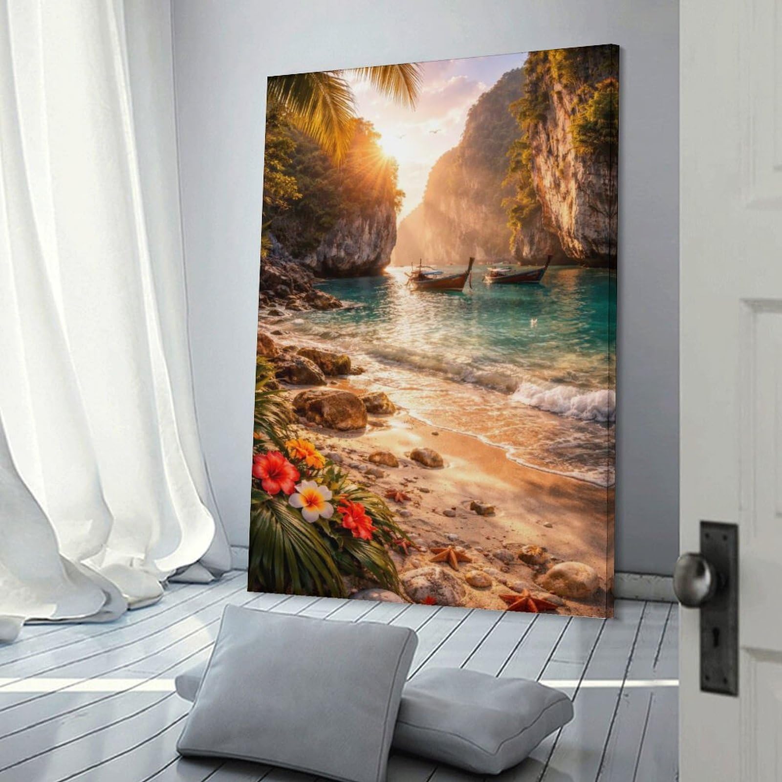 Junmoney Frame-Style-11 Wall Decor Canvas Print Tropical Beach Paradise At Sunset, 08X12inch(20X30cm), For Living Spaces, Bedrooms Or Relaxed Rooms, A Home Accent With Warm Character