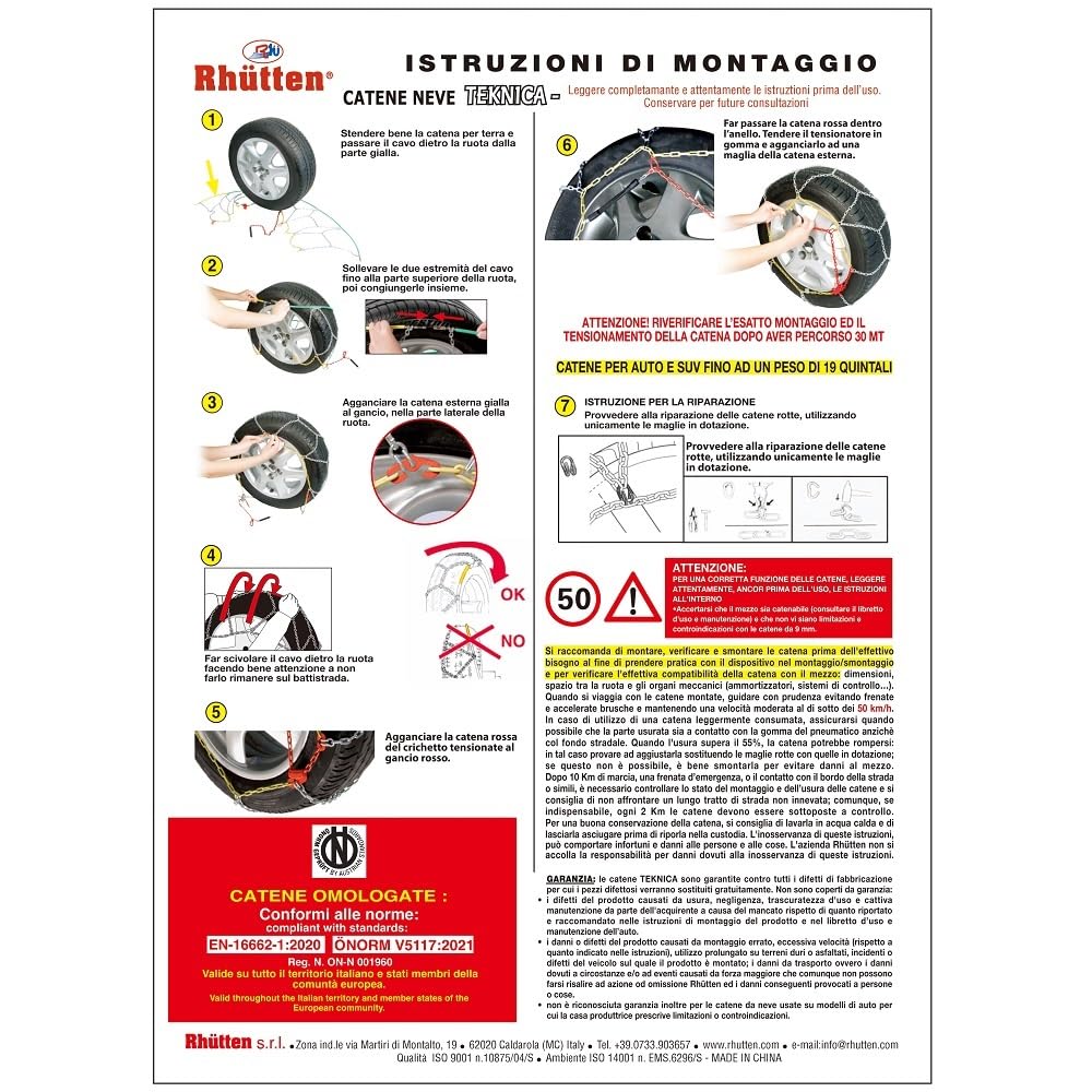 Teknica, Catene Da Neve Metallo Spesso 9 mm, Sezione a "D", Omologate EN e Onorm, Montaggio Rapido, Auto e Suv, Tensore Autobloccante, (Misura 130)