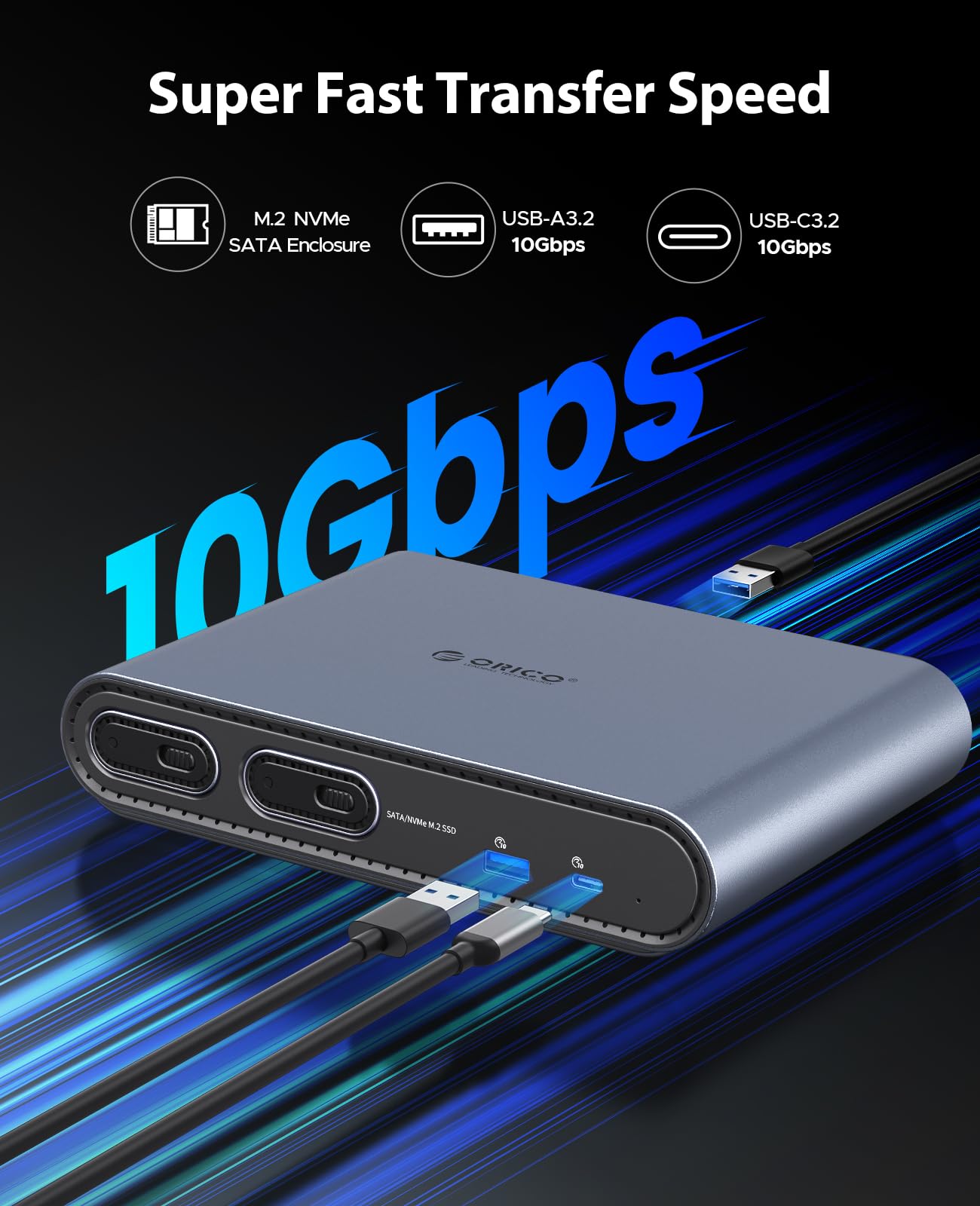 Station d'accueil ORICO 10-en-1 USB-C avec Double Boîtier SSD M.2 NVMe/SATA, USB 10Gbps, Double HDMI 4K@60Hz, PD 60W, RJ45 - pour MacBook Pro/Air (PTM2)