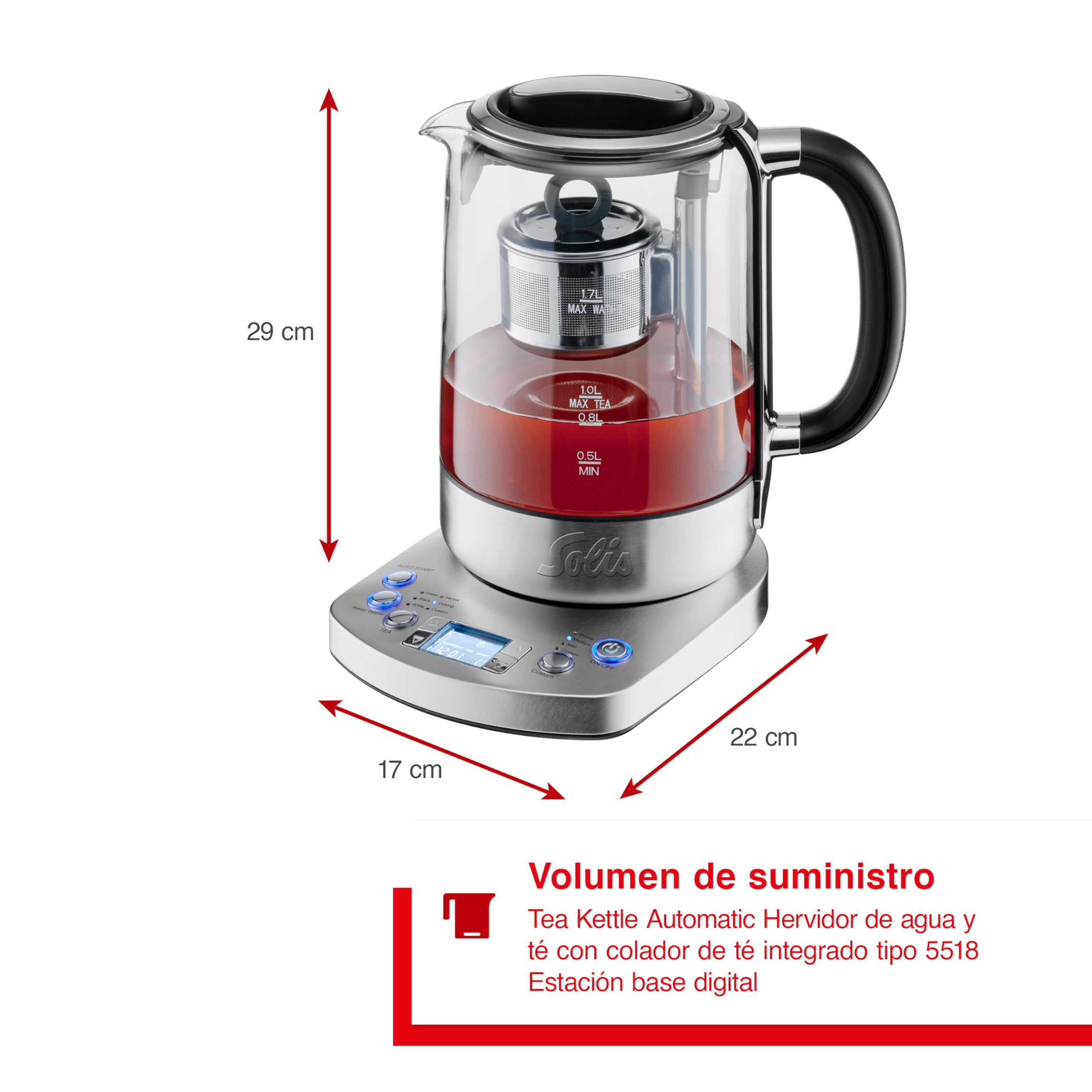 Solis Tea Kettle Automatic 5518 - Hervidor de agua con ajuste de temperatura - Tetera - Función temporizador - colador de té integrado - Jarra de 1,7 litros