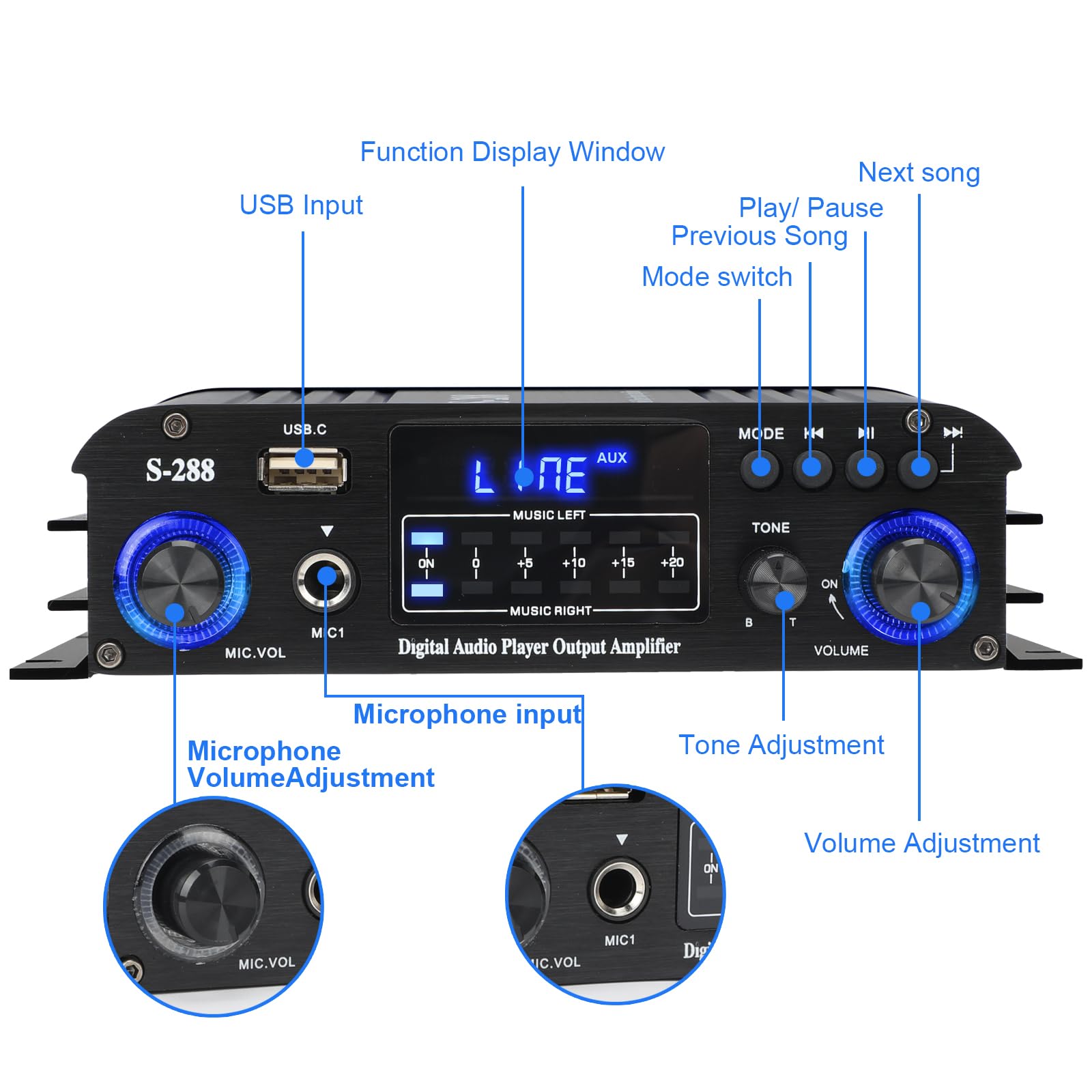 Home Cinema Amplificateur Audio 4 Canaux 1200W Bluetooth 5.0 - Radio FM, USB, SD - Pour Voiture Ou Maison - 35W X4 Ampli Voiture 1200W