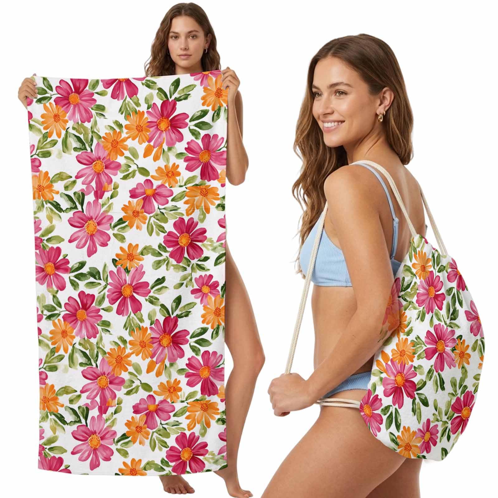 FWJZDSP Beach Towel Backpack Convertible Pink Orange Flower Sand Free Quick Dry Towel Bag Spring Leaf Beach Towel with Adjustable Straps for Travel Swimming Pool Beach Accessories 31.5x63in