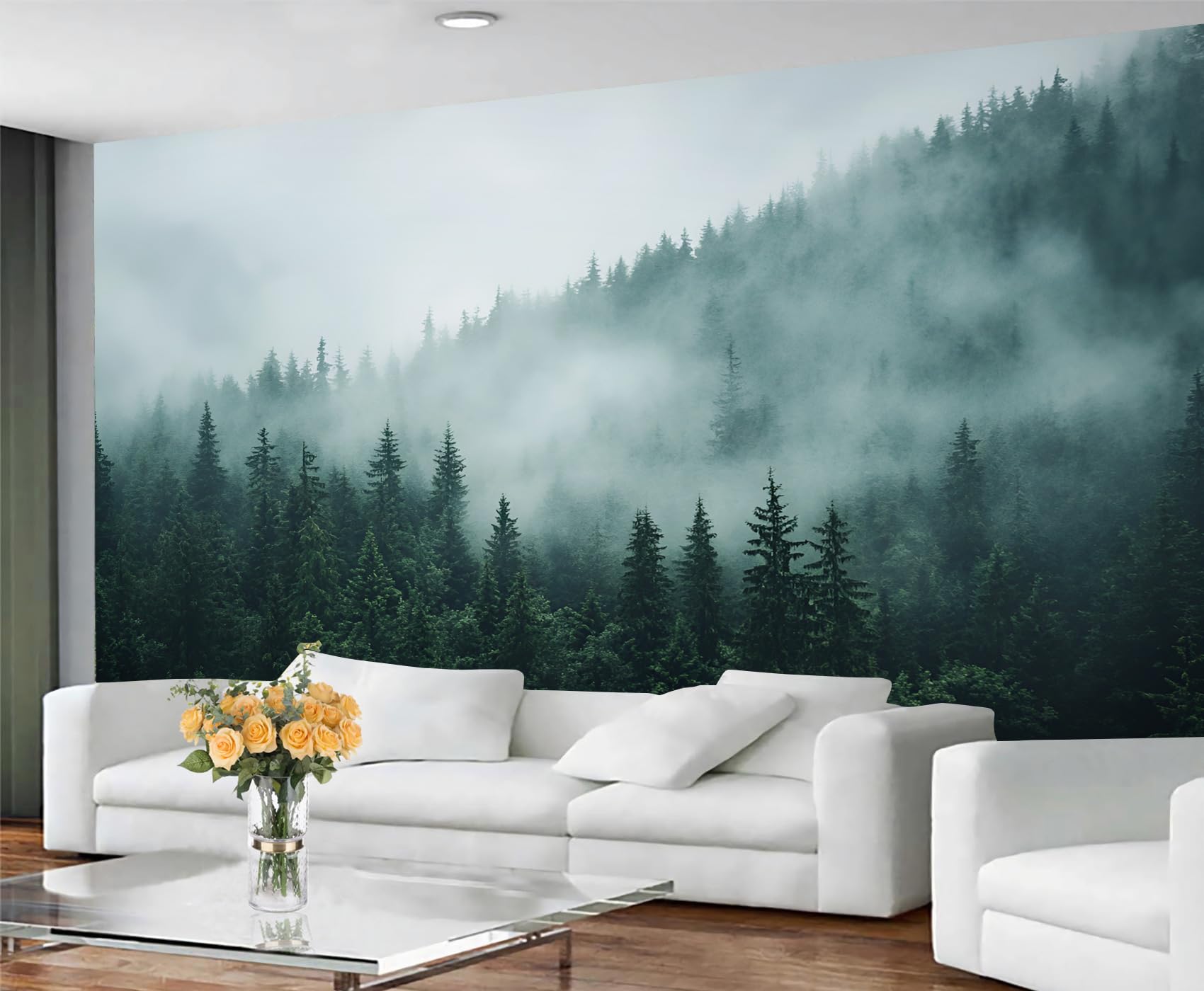 GIVLWF Foggy Forest Wallpaper, Fir Landscape Peel and Stick Wallpaper for Bedroom, Rustic Nature Wall Paper for Living Room, Misty Woodland Wall Mural, Mountain Large Mural & Room Decor — image 1