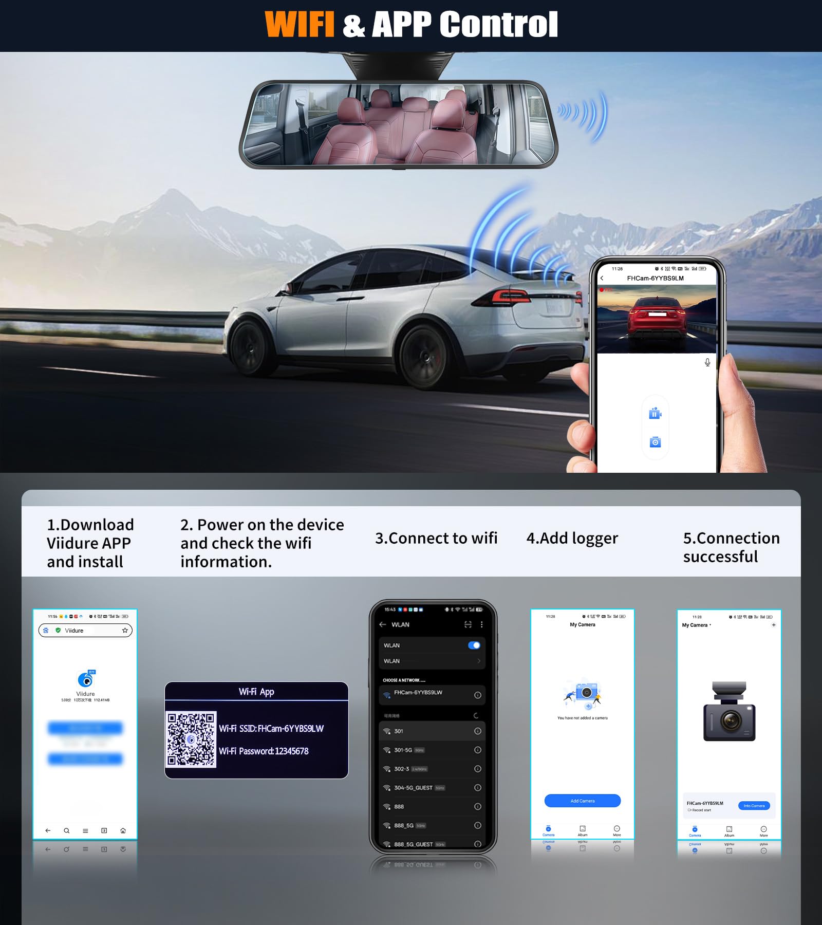 CAMECHO 9.66 Pollici 2K Mirror Dashcam Auto con 2 Telecamere 1080P, Anteriore 150° e Posteriore Dash Cam 120° con Linea inversa, Visione Notturna, Sensore G, Scheda da 64 GB WIFI APP