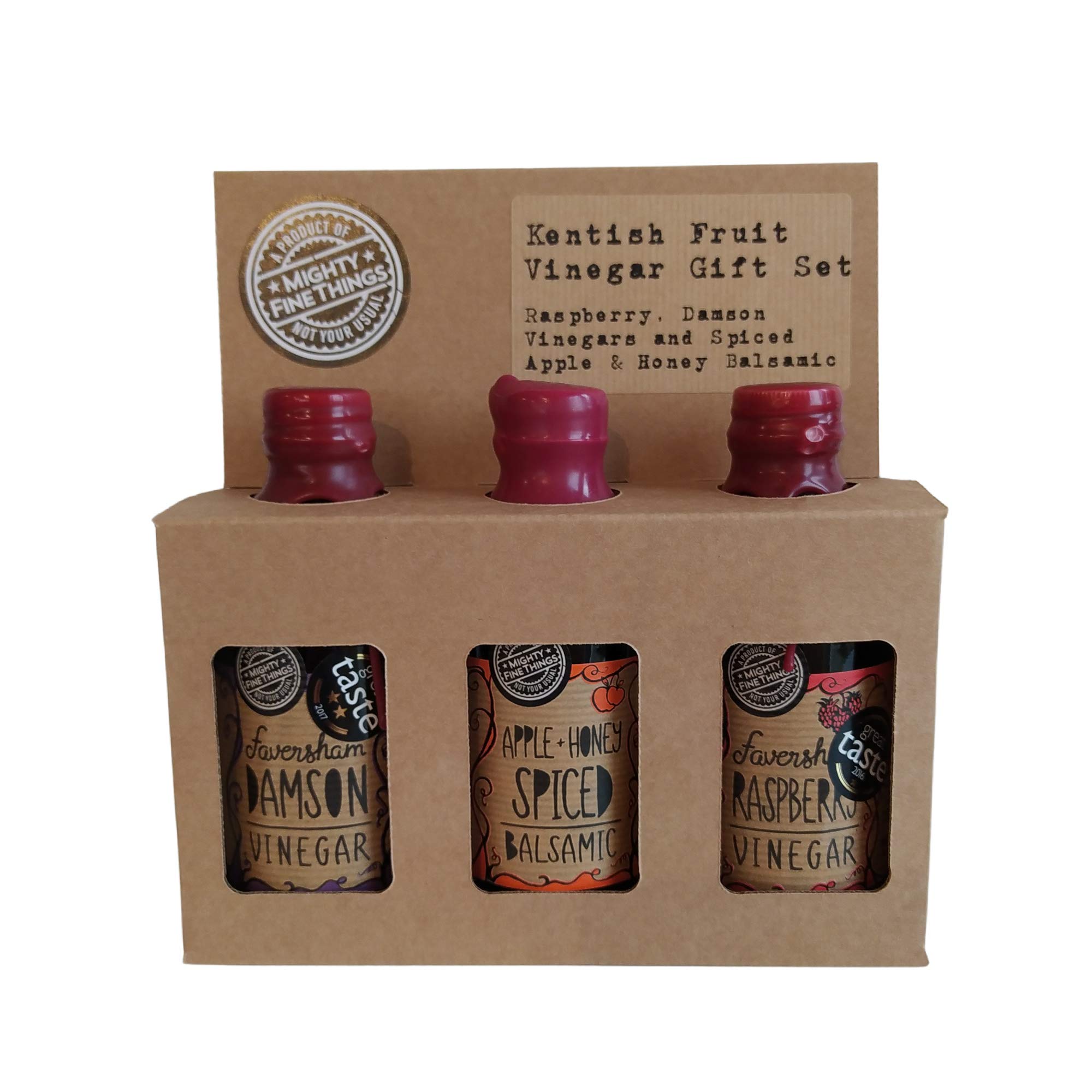 MightyFineThings Vinegar Gift Set. Raspberry, Morello Cherry and Elderflower Vinegar Selection. 3 x 250ml