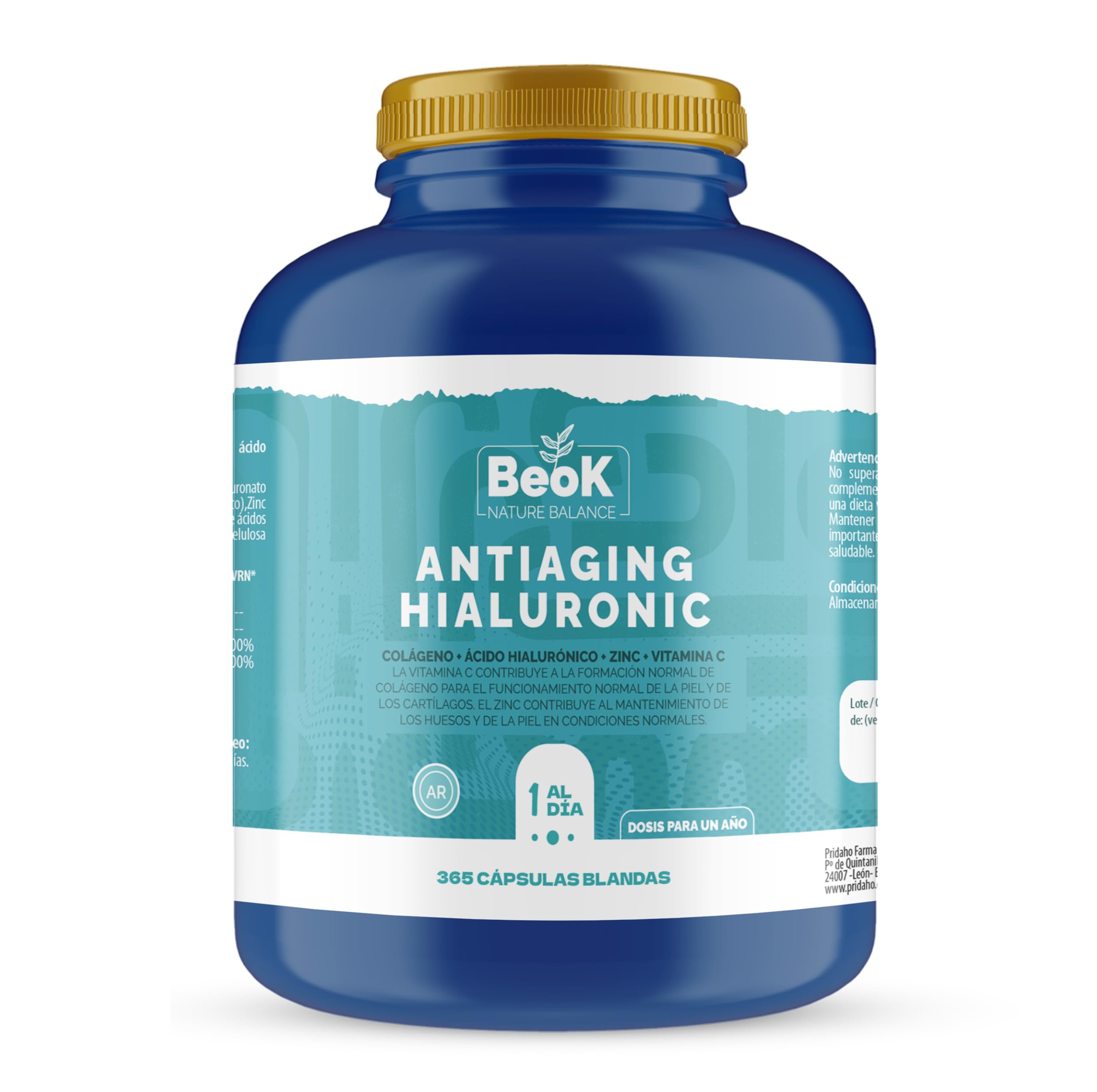BEOK Antiaging Hyaluronic 365 Cápsulas Blandas – Colágeno Hidrolizado + Ácido Hialurónico + Vitamina C + Zinc – Suplemento para Piel, Articulaciones y Huesos – Suministro para 1 Año