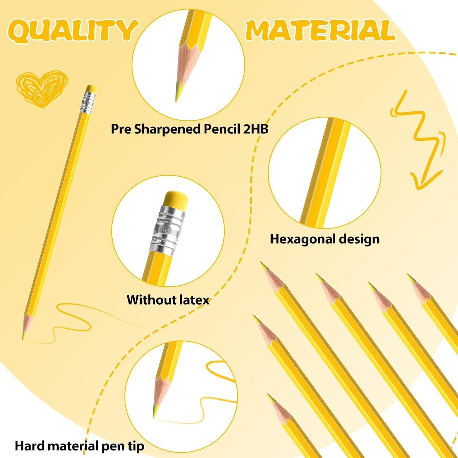 24PCS Erasable Colored Pencils with Eraser Pre Sharpened Pencil 2 HB - Ideal for Checking, Grading, Tests & Office/School Supplies (Yellow) image 3