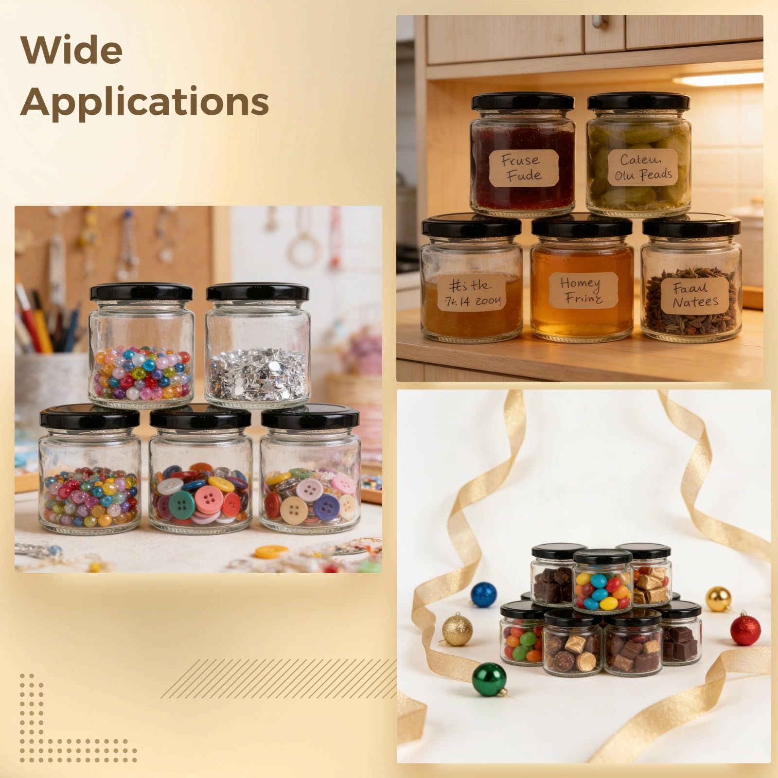 12 Stück Glasbehälter, 150 ml, rund, lebensmittelecht, mit schwarzem Deckel, BPA-frei, für Marmelade, Honig, Hochzeitsgeschenke, kleine Gläser, 6,8 x 6,5 cm