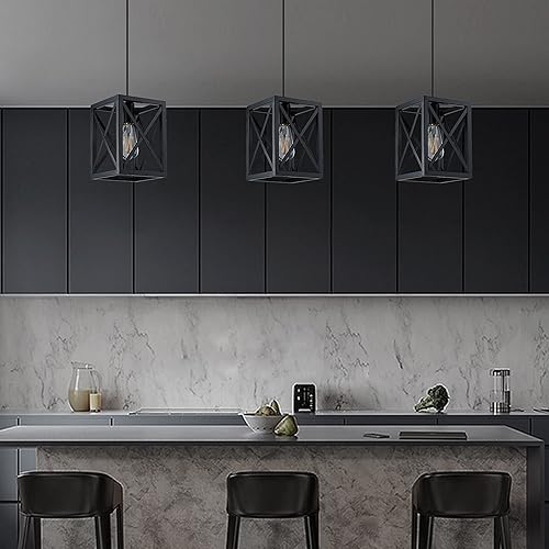 Miniatura 8 de Paquete de 3 lámparas rústicas de 6.5 pulgadas de metal con rombos para farol colgante de isla de cocina, acabado negro para mesa, vestíbulo, sobre