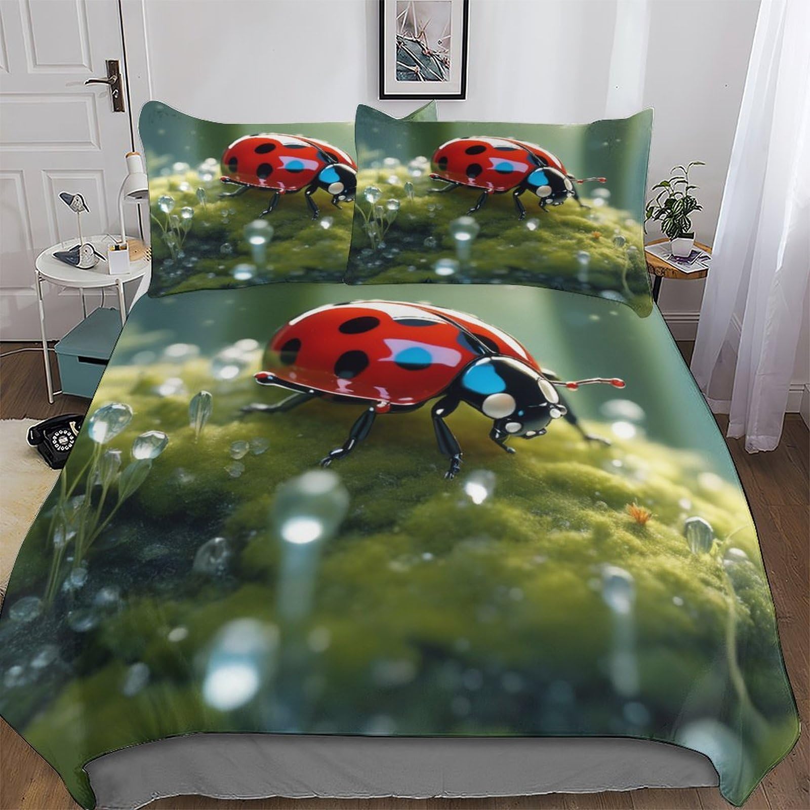 Housse couette enfant coccinelle parure de lit 3 pièces microfibre king 220x240cm