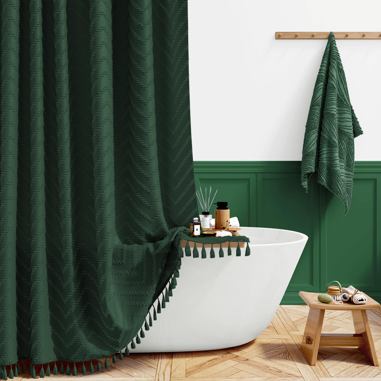 BTTN Boho Farmhouse Emerald Green Shower Curtain, Tufted Chevron Striped with Tassel, Durable and Washable, Vintage Bohemian Rustic Shower Curtain Set with 12 Plastic Hooks, 182 x 182cm, Dark Green