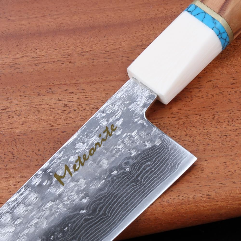 Meteorite Santoku Japanese All-Purpose Knife, For Daily Chopping Prep, Hand-Hammered Starry Damascus, Convex Grind Edge, Olive Wood Handle – Culinary Gift IceRaven 7 Inch