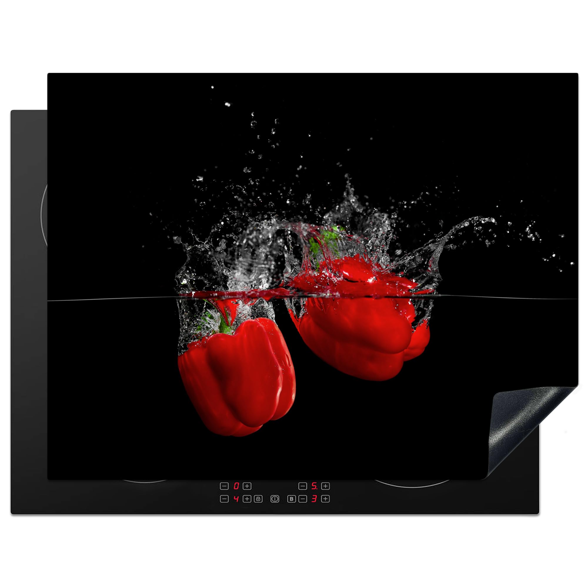 KitchenYeah© Induction Hob Protector Mat 23.2"x30.3" / 77x59 cm Stove Cap Top Cover Kitchen Cooker Covers for Electric Hobs Vinyl Pepper - Vegetable - Still Life - Water - Red