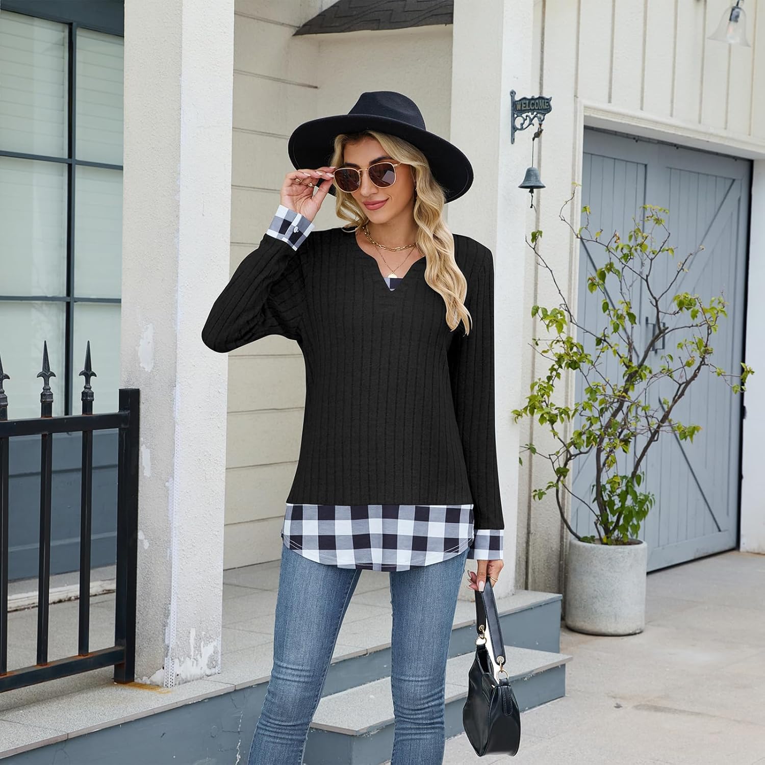 Long Sleeve Shirts for Women Dressy Casual Business Tunic Tops Lightweight Sweaters Blouses Fall Plaid Fake Two Pieces - Image 5