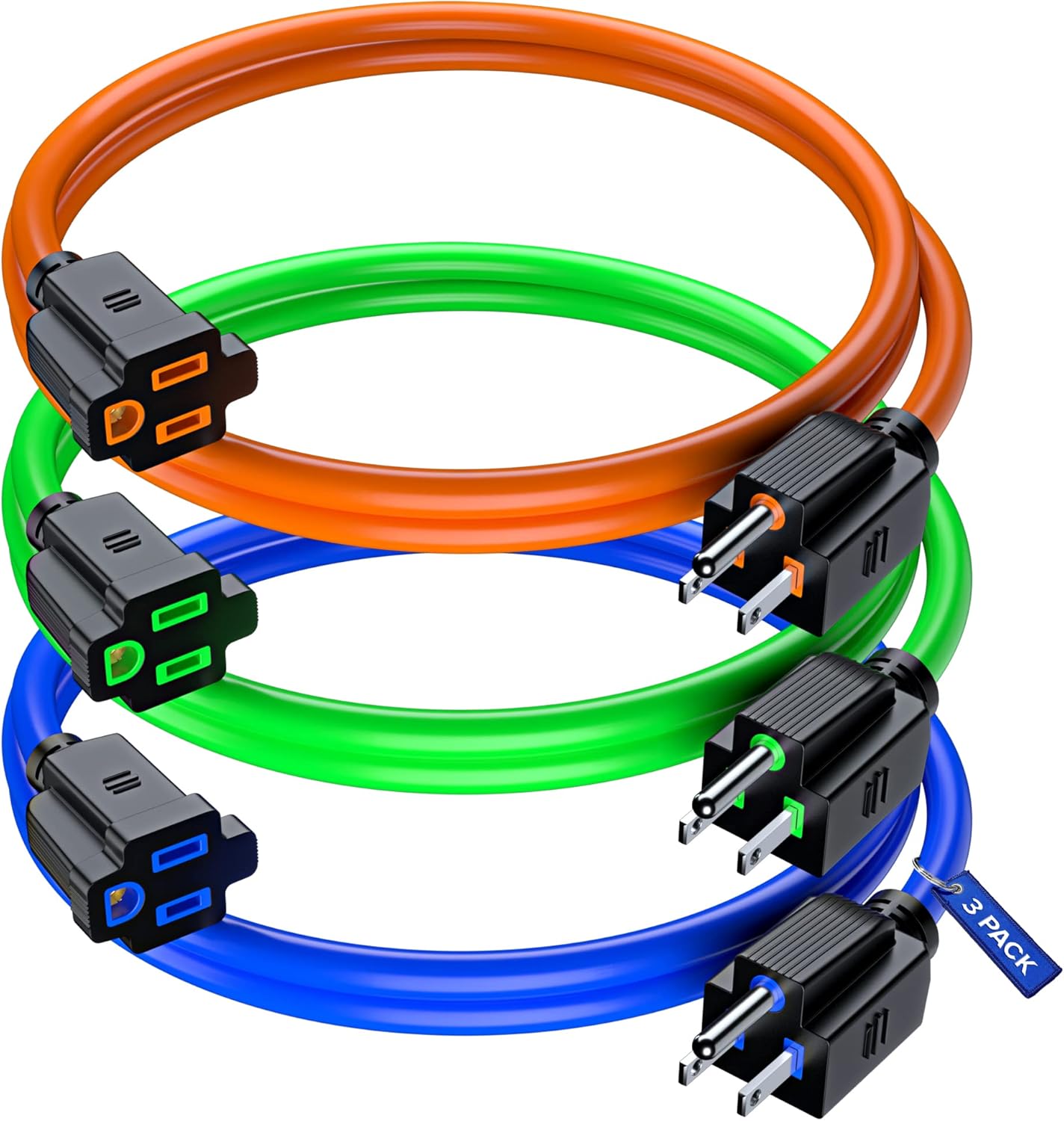 Maximm Extension Cord 1 Ft, 3 Pack Multicolor Power Cords Indoor 16 Gauge Wire SJTW Heavy Duty ETL Listed (1Ft, Multicolor, 3 Pack)