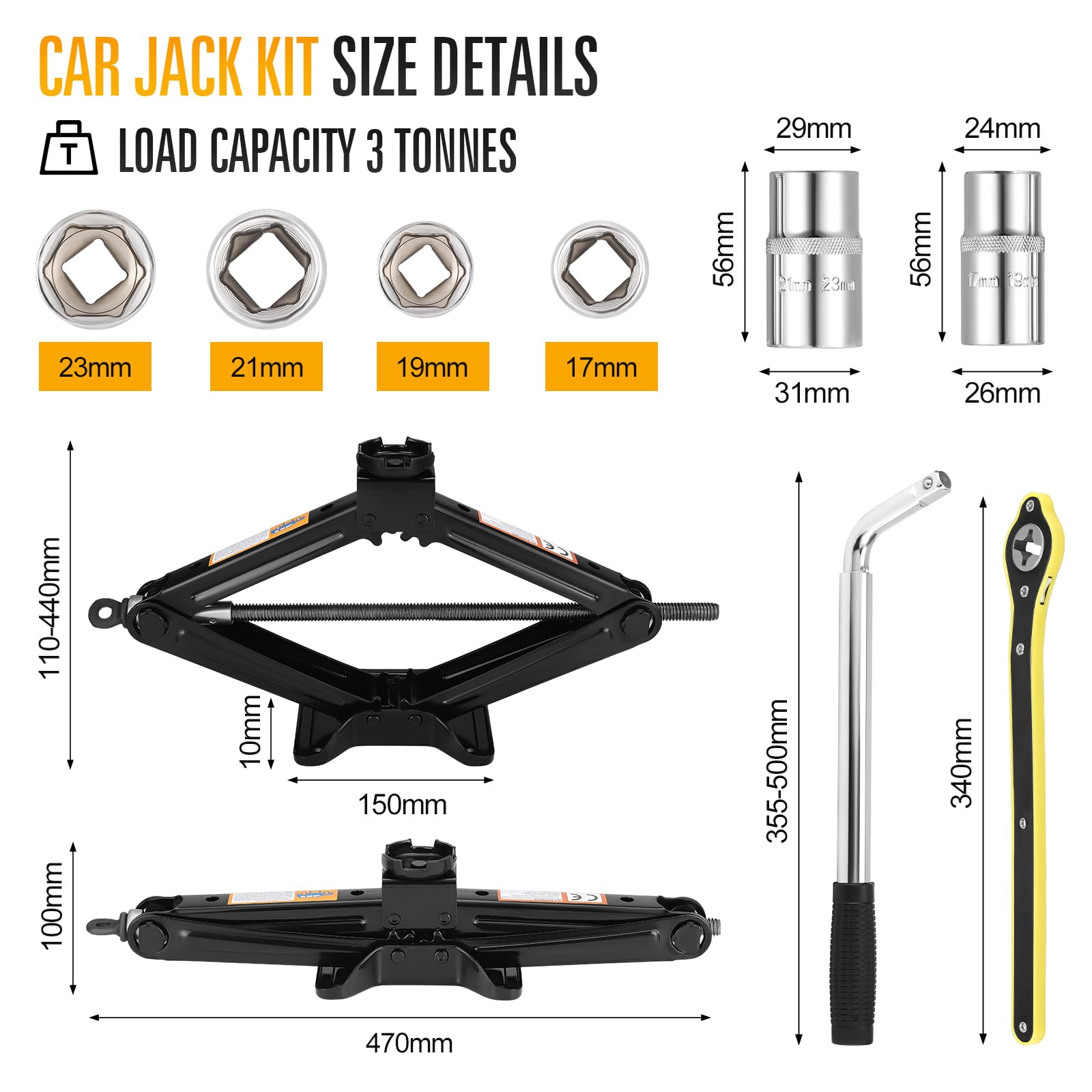 Cric con centrale, cric a forbice per auto, carico 3 tonnellate (6,600 lbs), set di sollevatori auto, con chiavi a cricchetto e dadi telescopici, con 2 prese per SUV e auto