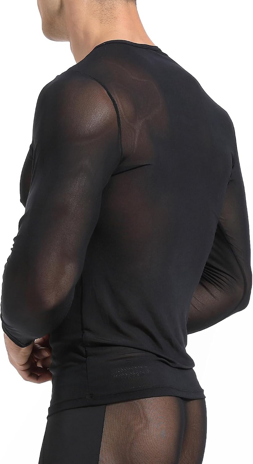 SEAUR Mens Sheer Mesh T Shirt See Through Long Sleeves Muscle Tee Tops Breathable Transparent Workout Undershirt Clubwear