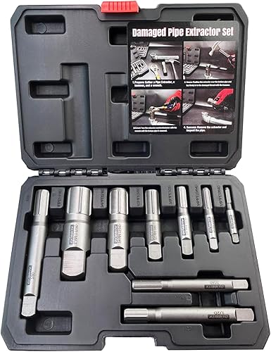Juego de extractor de tuberías, 9 piezas de extractores de tubos rotos de acero resistente para quitar tubos roscados dañados y accesorios de 18" a