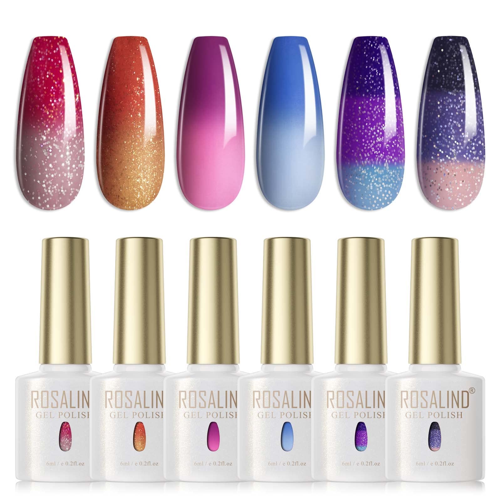 ROSALIND Color Changing Gel Nail Polish Set, 6 Colors Pink Glitter Blue Purple Mood Temperature Change Nail Gel Polish Set Soak Off Nail Art DIY Home Salon Manicure Decorations Gifts for Women Girls