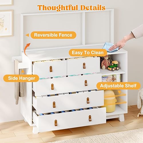 Miniatura 2 de Cómoda para bebé con cambiador, cambiador de bebé con 5 cajones y estantes ajustables, estación multifuncional para cambiar pañales, organizador de
