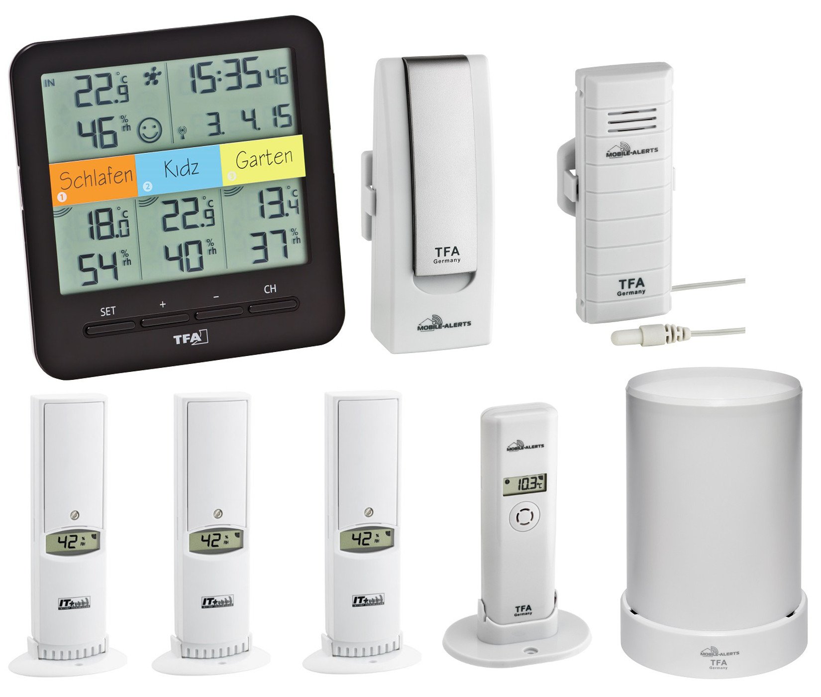 TFA Dostmann Estación térmica y higrómetro profesional de KlimaHome TFA 30.3060, incluye sistema WeatherHub SmartHome, pluviómetro y emisor adicional, color negro