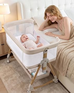Baby Bassinet Bedside Crib, 3-in-1 Baby Bassinet Bedside Sleeper,Rocking Bedside Bassinet with Wheels, Adjustable Easy Folding Portable Bed for Infant Newborn Beige