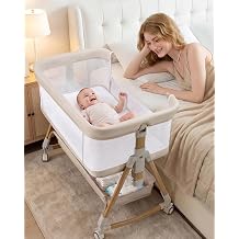 Baby Bassinet Bedside Crib, 3-in-1 Baby Bassinet Bedside Sleeper,Rocking Bedside Bassinet with Wheels, Adjustable Easy Folding Portable Bed for Infant Newborn Beige