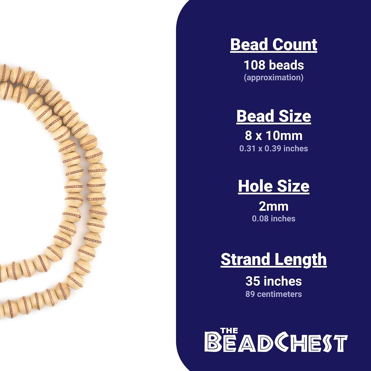 The Bead Chest Copper-Inlaid Beige Bone Mala Beads (10mm)