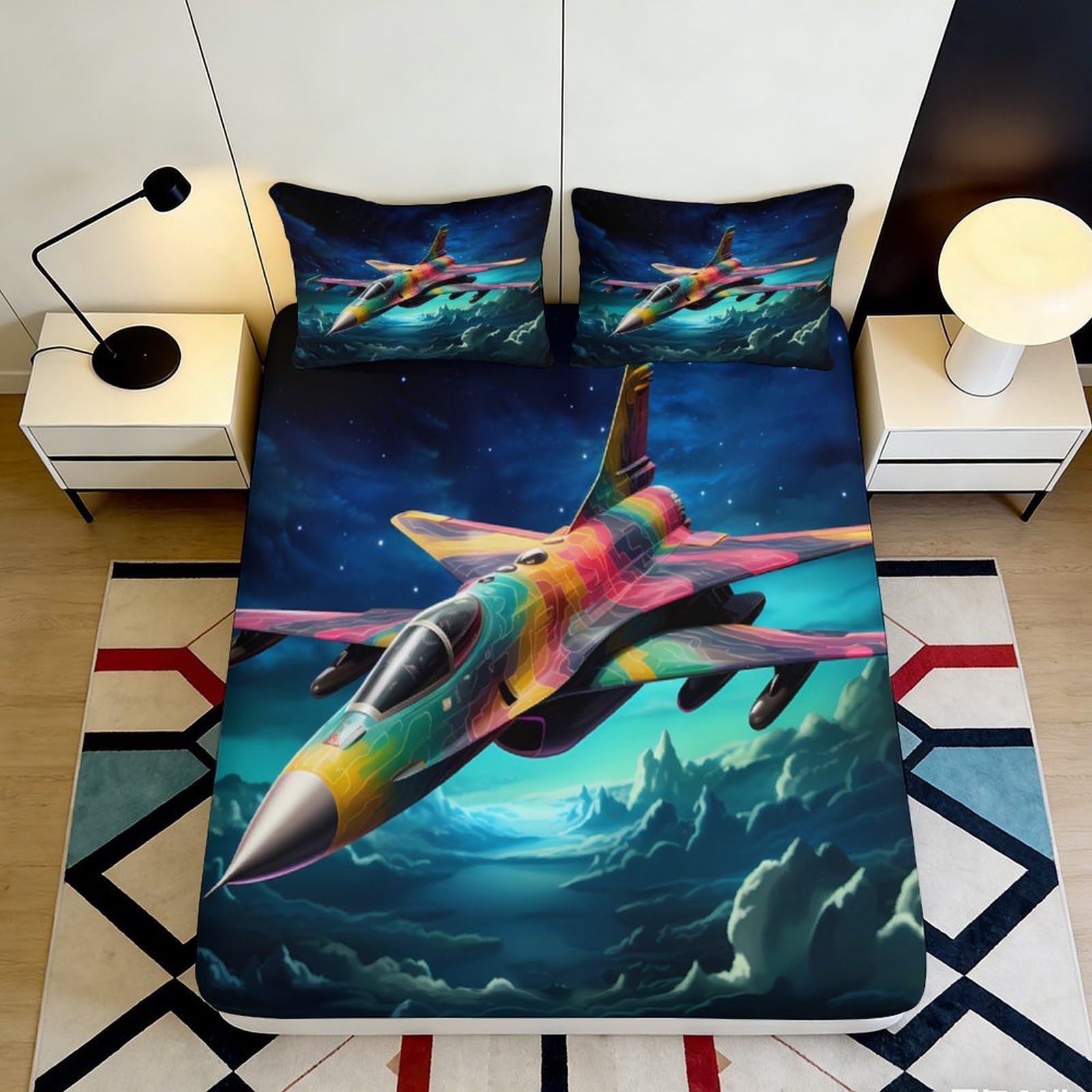 3D Printed Colourful Fighter Jet Fitted Sheet Microfiber Bedroom Decor Sky Aircraft Mattress Cover Anti-Slip Easy Care 180x200x25cm