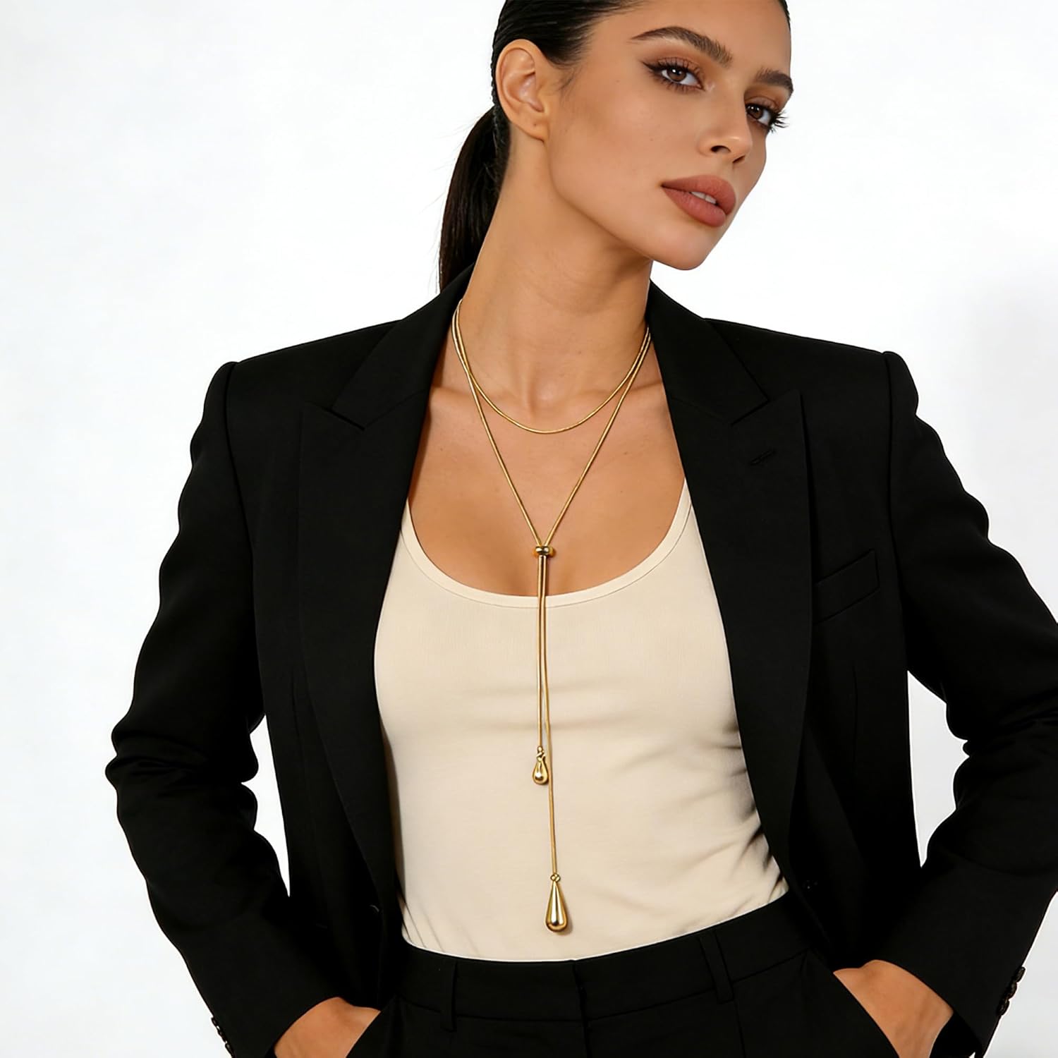 YUJIE Long Gold Y Necklace for Women - Adjustable Lariat Pendant Snake Chain, 14K Gold Plated Dainty Teardrop Necklace for Trendy & Formal Wear - Image 3