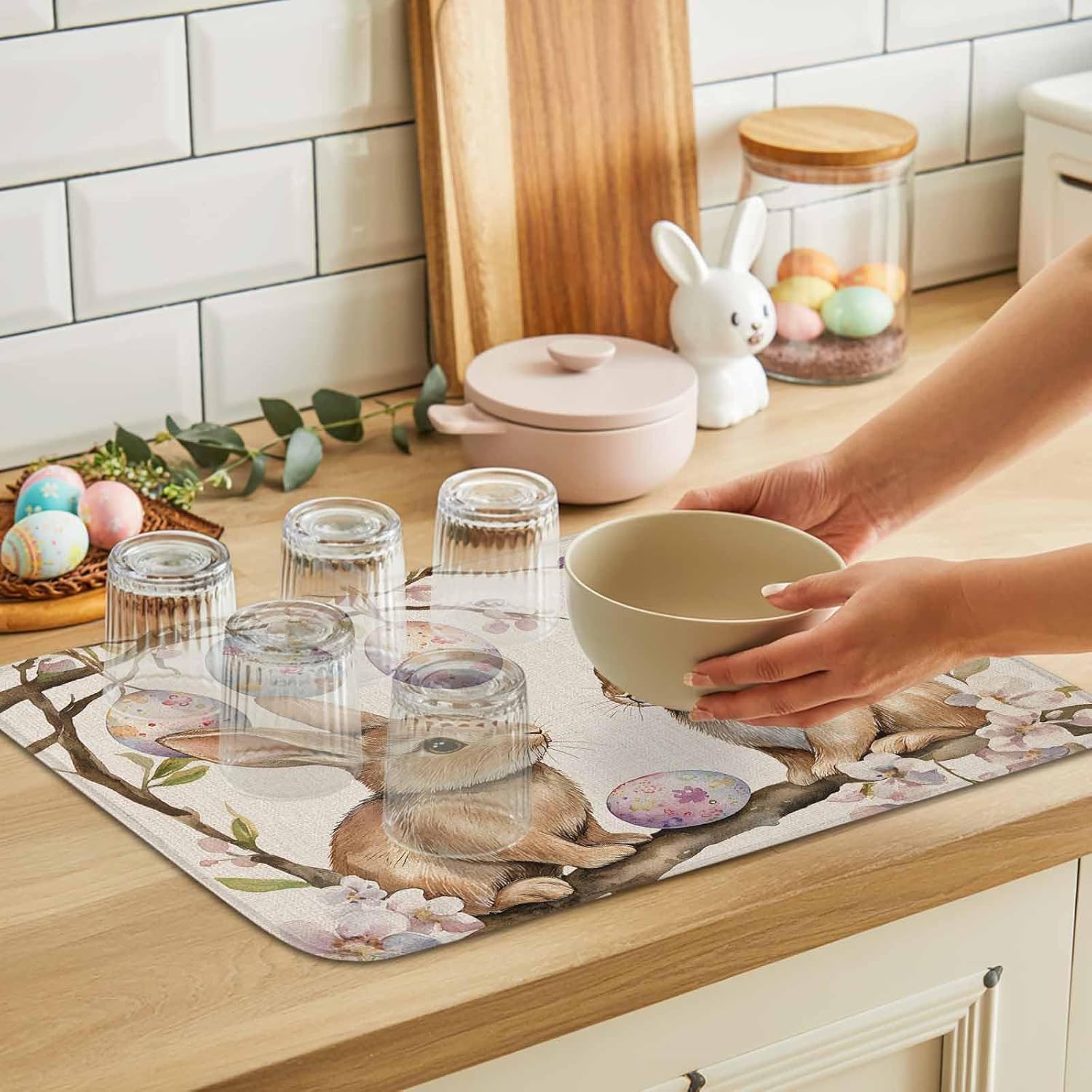 Absorbent Dish Drying Mat for Kitchen Counter,Easter Egg Rabbit Flower Leaves Branch Microfiber Quick Dry Pad Dishes Drainer Rack Mats for Under Sink Utensils 18x24in,2 Pack,Vintage Linen