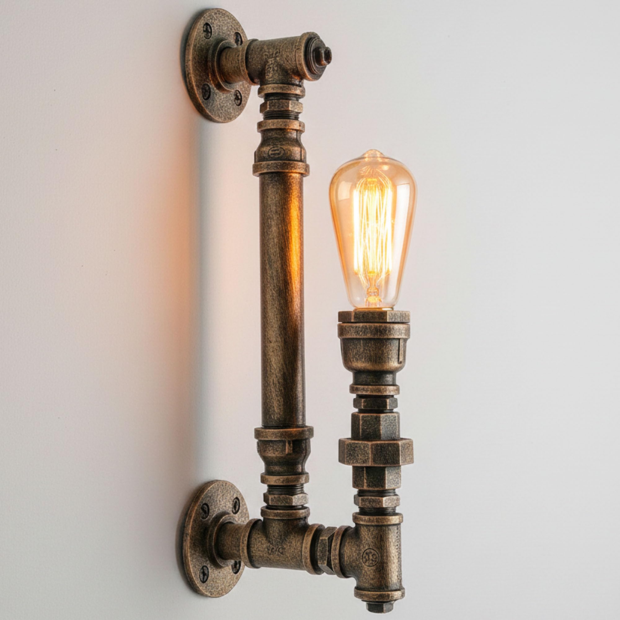 LEDSone Industrial Steampunk Water Pipe Wall Light Vintage Rustic Metal Brushed Copper Wall Sconce E27 Wall Lamp for Bedroom, Kitchen, Café, Bar, Farmhouse Décor