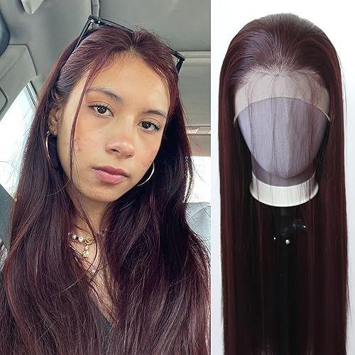 zigzag hair 99J Peluca larga y lacia 99J color borgoña sintético con encaje frontal, prearrancada con hariline natural para mujeres de moda,