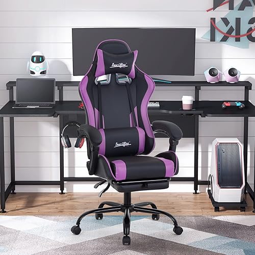 Miniatura 18 de Silla de oficina para videojuegos, silla de escritorio con reposapiés, soporte lumbar, reposacabezas y reposabrazos, giratoria, ergonómica, para