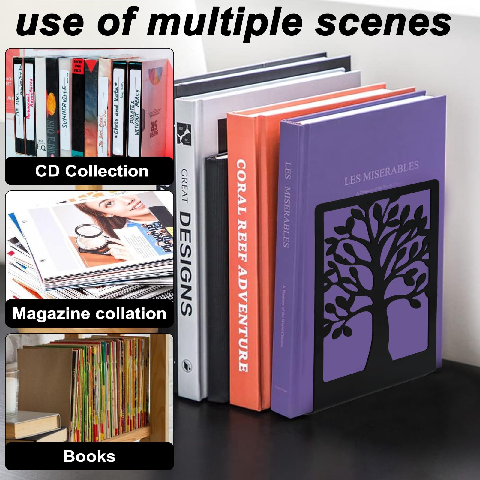 Ferma Libri per Libreria in Metallo Antiscivolo 4 PCS - Coppie di Reggi Libri per Mensole, per Scuola Casa Ufficio (Nero)