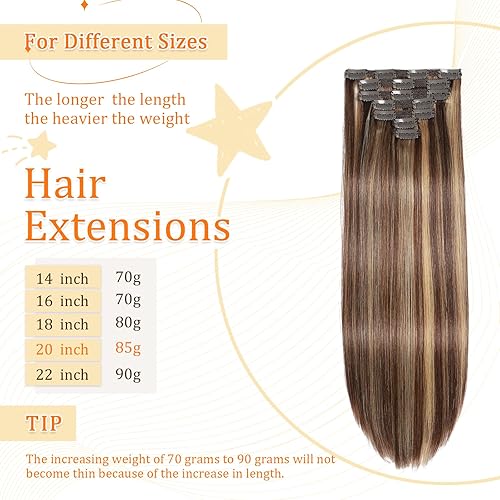 Miniatura 4 de Extensiones de cabello humano real con pinzas, 18 pulgadas, 2.48 onzas, 7 unidades, color marrón chocolate a rubio caramelo, extensiones de cabello