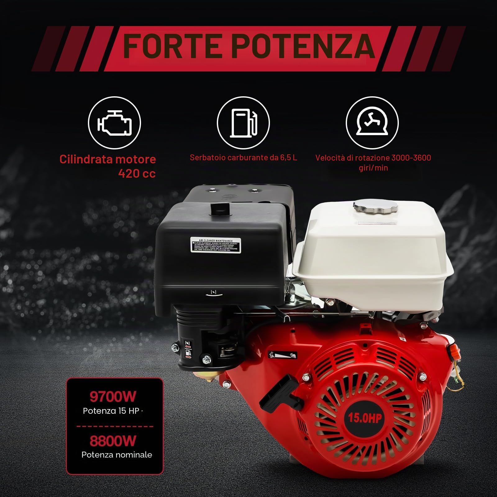 Motore a benzina a 4 tempi da 15 CV con avviamento a cavo, motore a benzina HV da 420 cc, motore a quattro tempi raffreddato ad aria 9000 W 3600 giri/min