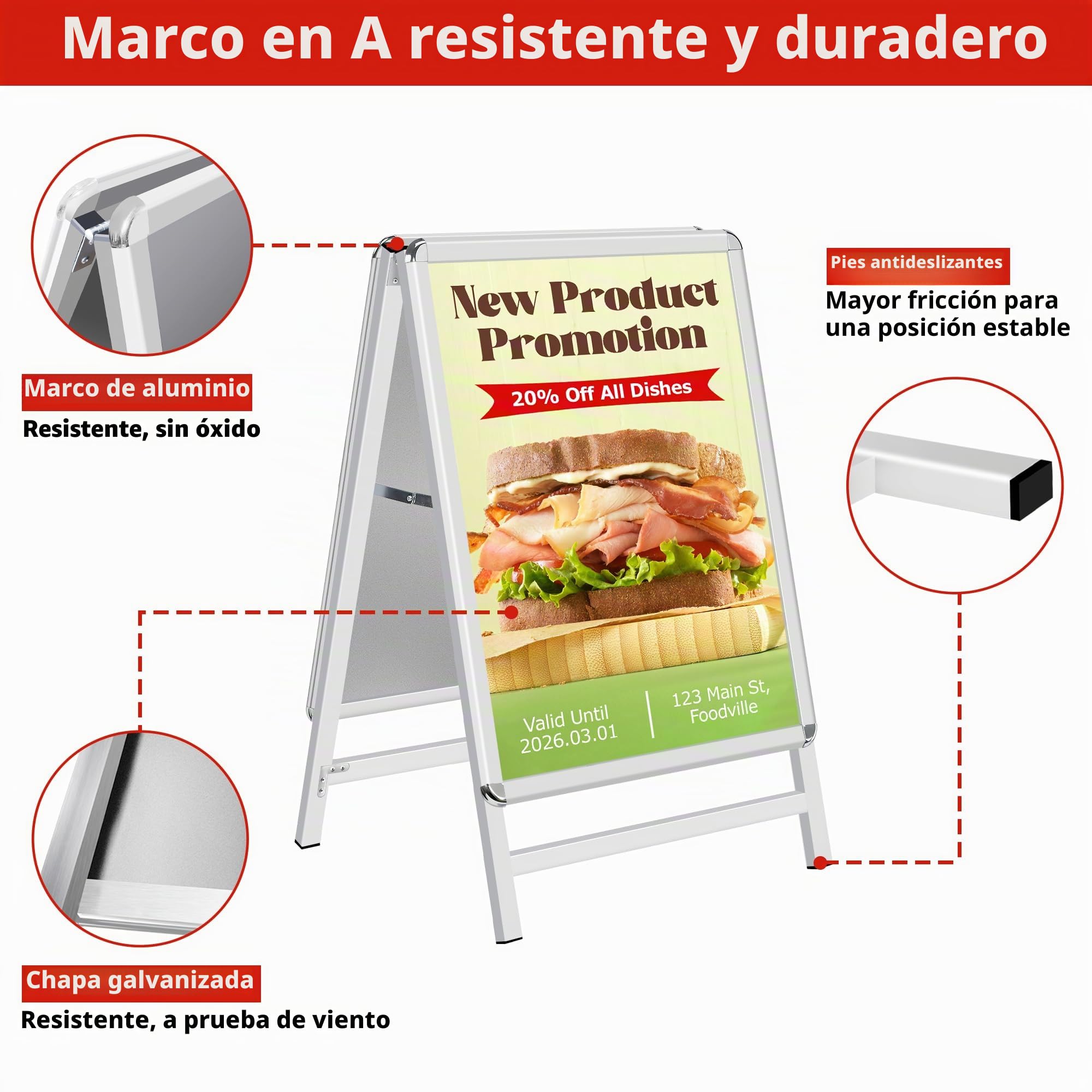 A Board Pavement Sign Frame - A2 tablero del pavimento de doble cara con aluminio Snap Frame Sign Stand para al aire libre Heavy Duty Cartel Menú Stand Publicidad Display Stand, Plata