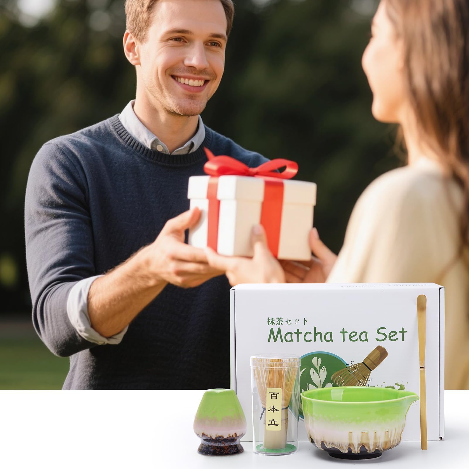 Premium Matcha Set di 4 pezzi Chase in bambù, cucchiaino, supporto in ceramica, ciotola per beccuccio, accessorio perfetto per cerimonia del tè giapponese, regalo per gli amanti del matcha