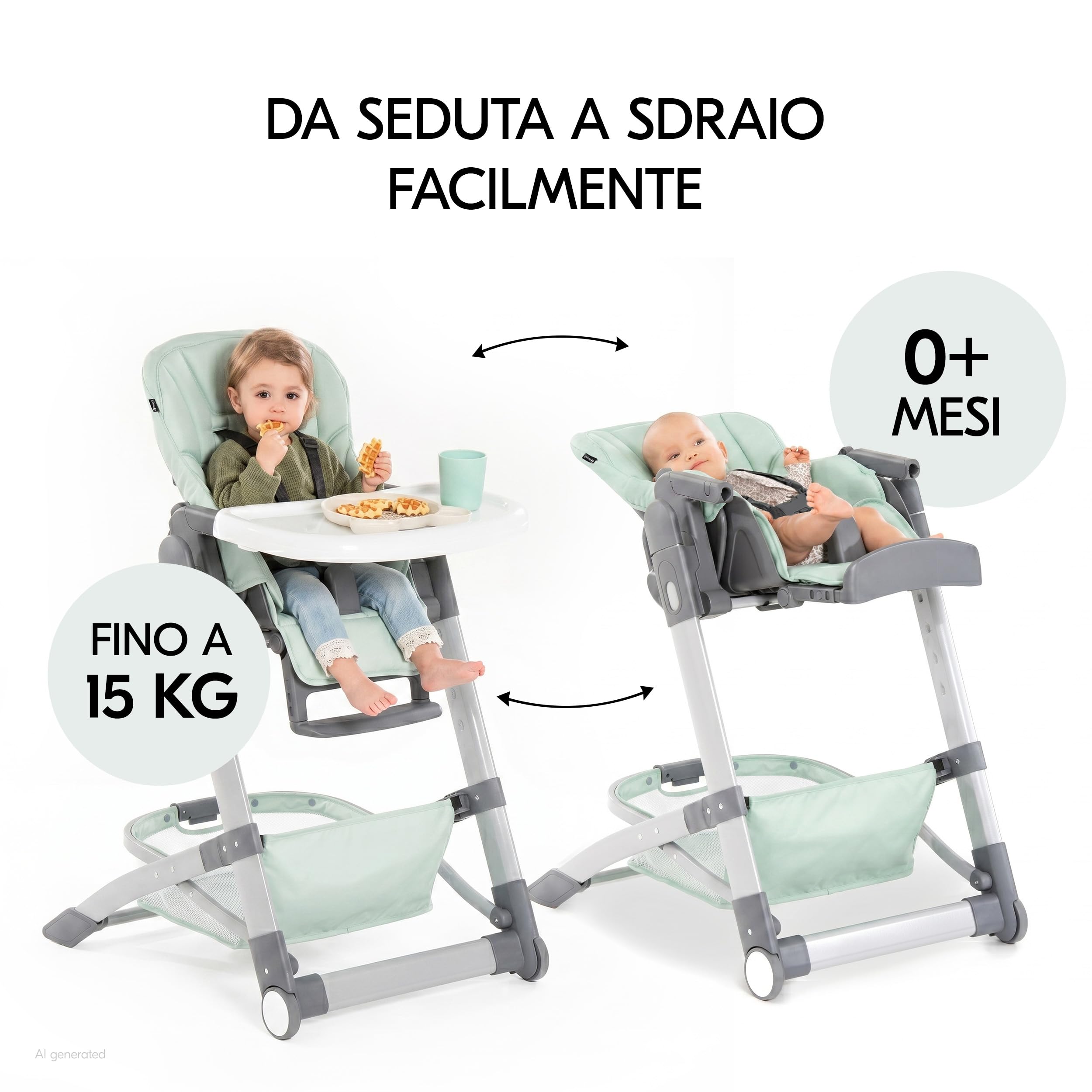 hauck Grow Up Seggiolone Pappa Portatile - Evolutivo Dalla Nascita con Funzione Reclinabile - Pieghevole con Vassoio e Ruote - Regolabile - Mint
