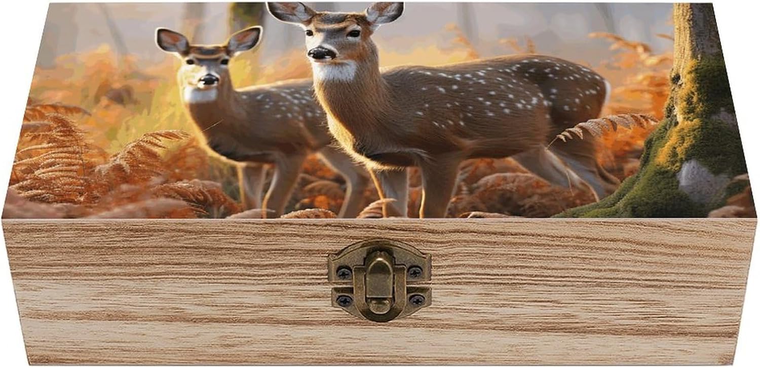 Cute Deers Wooden Storage Box with Hinged Lid