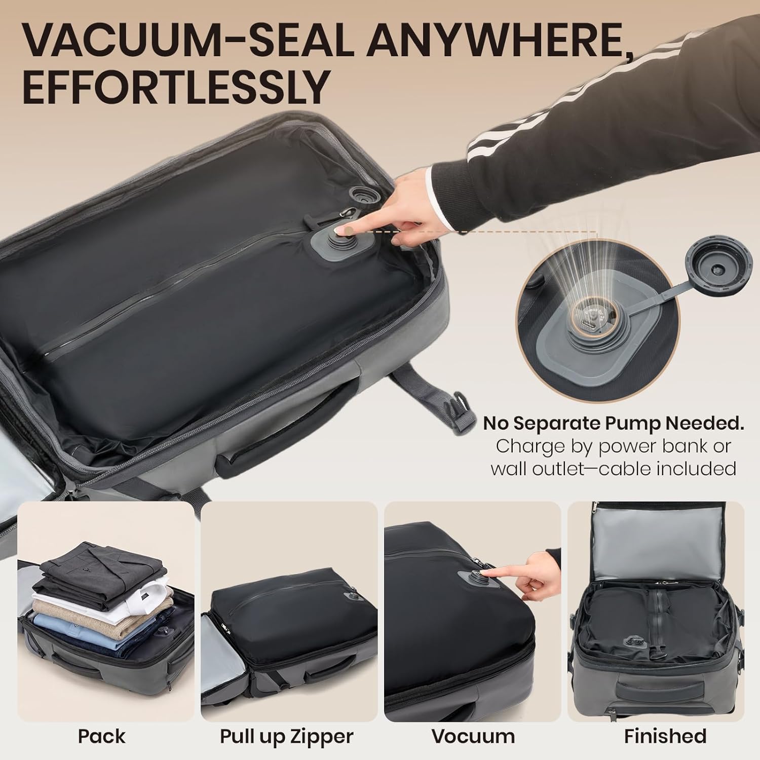Fanwoli Rolling Vacuum Backpack Travel with One-Button Compression, Expandable Carry-On Suitcase Luggage, Approved TSA Lock & Water-Proof Laptop Compartment for Outdoor/Family/Business Trips - Image 2