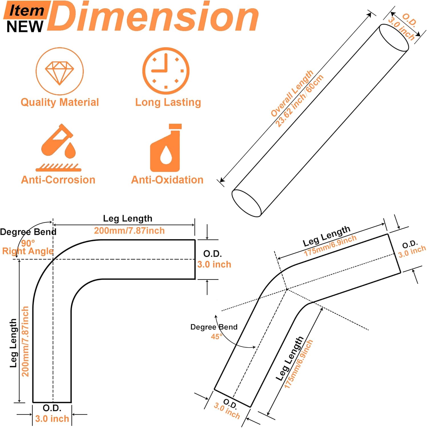 3.0 Inch DIY Custom Exhaust Pipe Kit Stainless Steel Universal 3" OD 45/90 Degree Mandrel Bend Elbow Pipe & Straight Pipe Kit with 2 Exhaust Clamps, 6 Pack