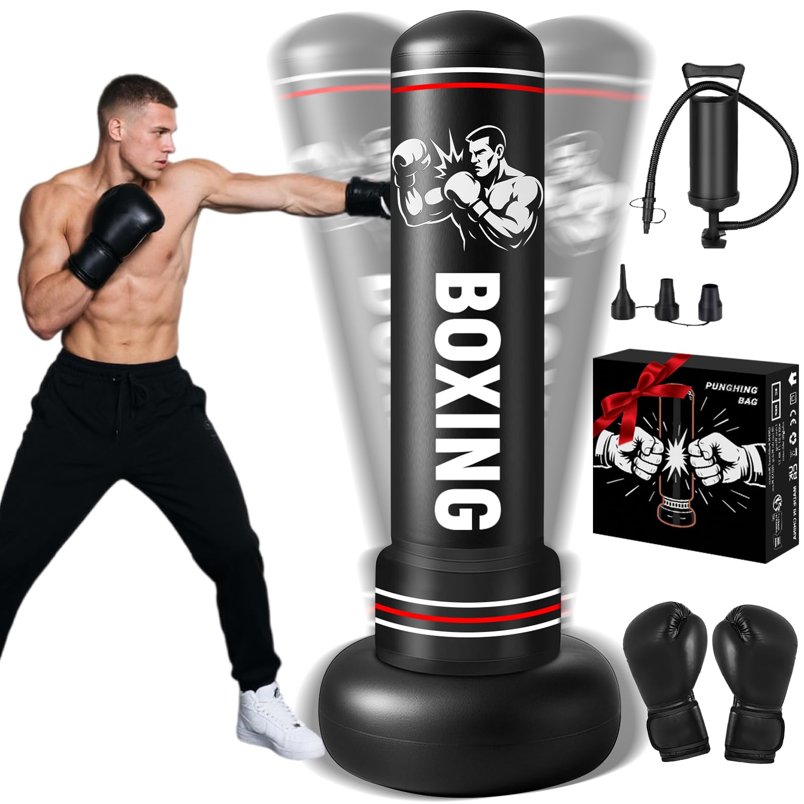 Punching Bags for Adults, 75''/190cm Free Standing Punch Bag with Boxing Gloves and Air Pump, Inflatable Boxing Bag for Karate Training MMA Muay Thai Gifts for Men Women