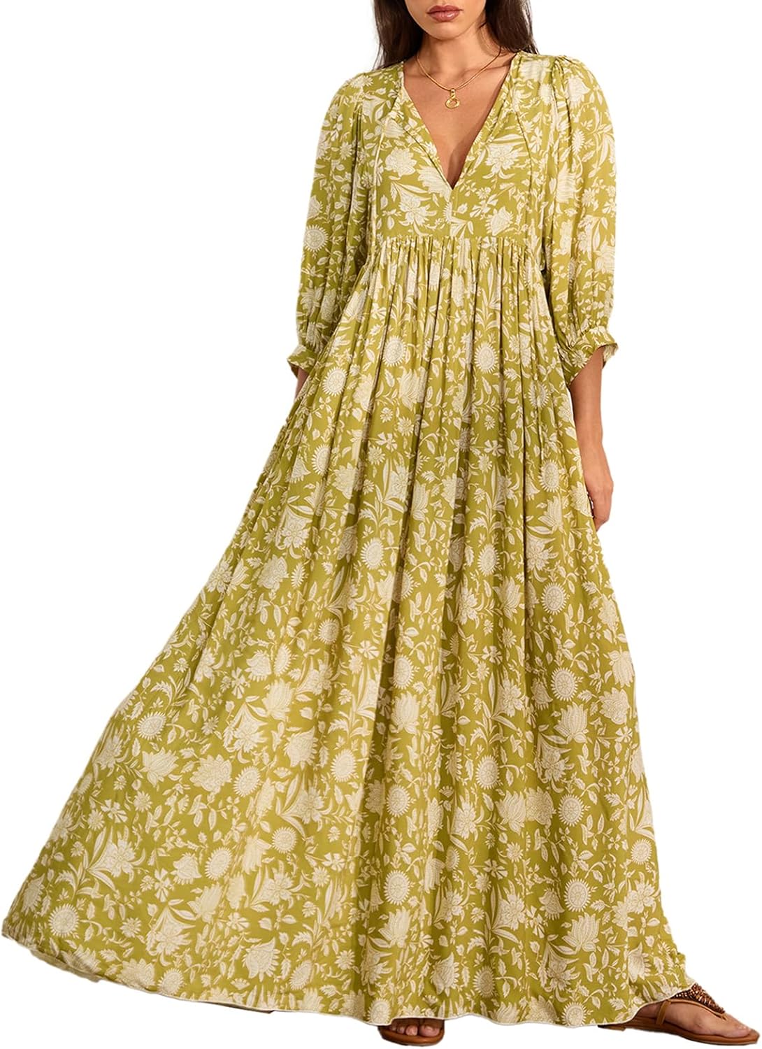 Women Elegant Floral Long Maxi Dress Puff Short Sleeve Square Neck Ruffle Ruched Boho Swing Beach Party Dress